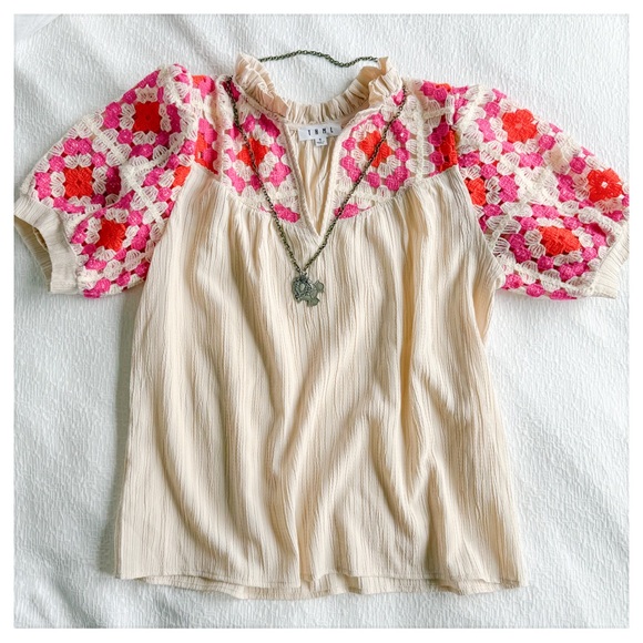 Anthropologie THML Cream Blouse with Pink and Red Crochet Accents - Picture 1 of 8